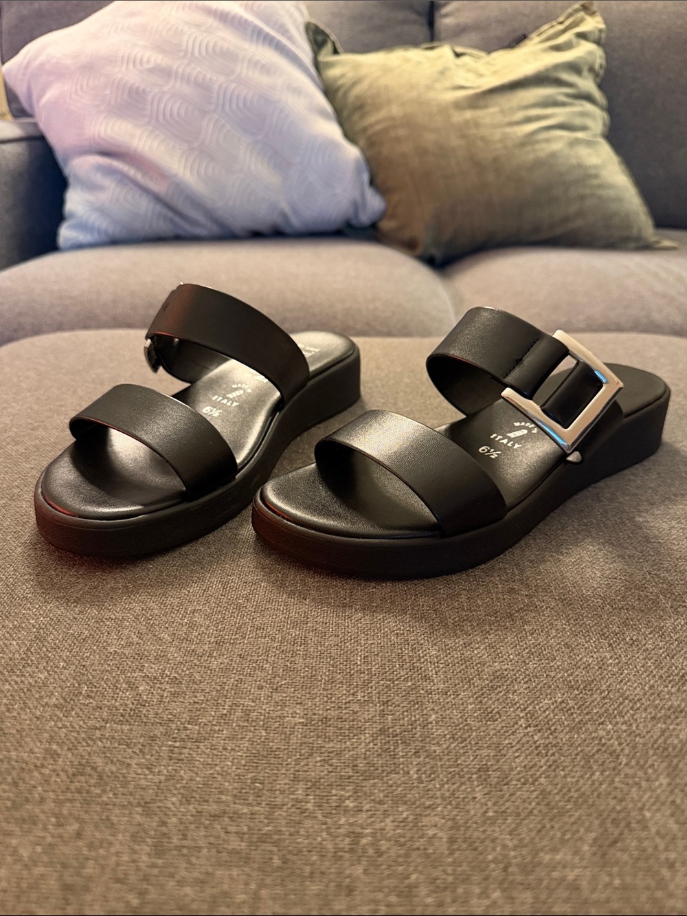 Italian Shoemakers Black Slide Sandals with Buckle- Genuine Leather